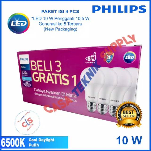 Paket bola lampu merk philips isi 4psc daya 10watt warna putih