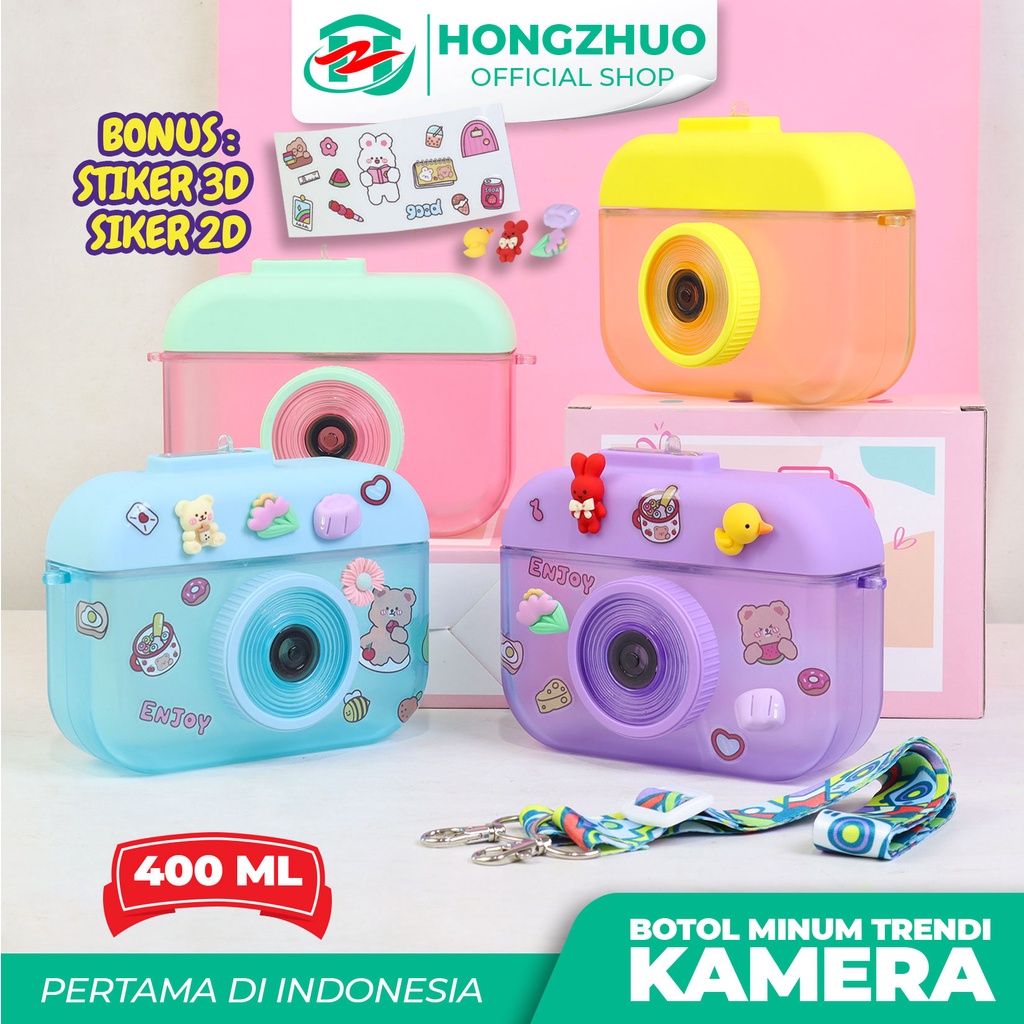 Botol Minum Anak Hongzhuo Camera Bottle Kamera Unik Free Sticker Karakter 400ml BPA FREE Premium Gra