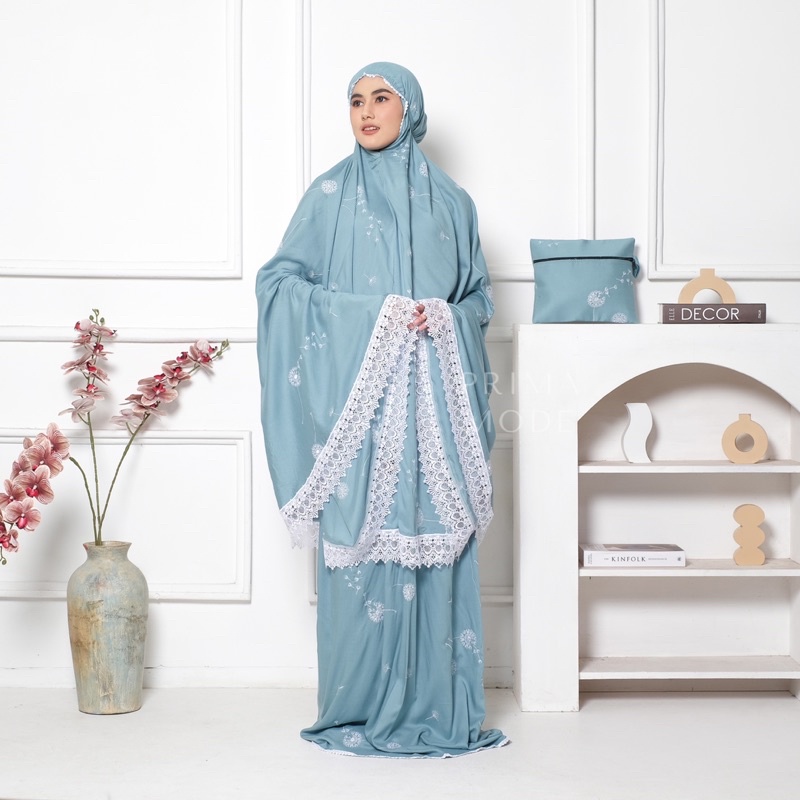 Mukena Dewasa Dandelion Rayon full bordir putih renda mewah premium