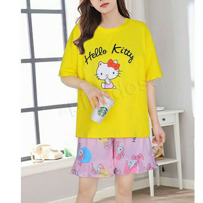 Piyama Baju Tidur Import Wanita Fashion Sleepwear Spandex Stelan Rumah Baju Santai Celana Pendek z-HPPD-Kitty Renda