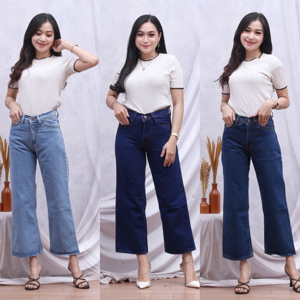 PROMO CELANA BOYFRIEND JEANS WANITA / Highwaist Panjang ESROCTE P03 Navy Biru Muda/ /BF POLOS