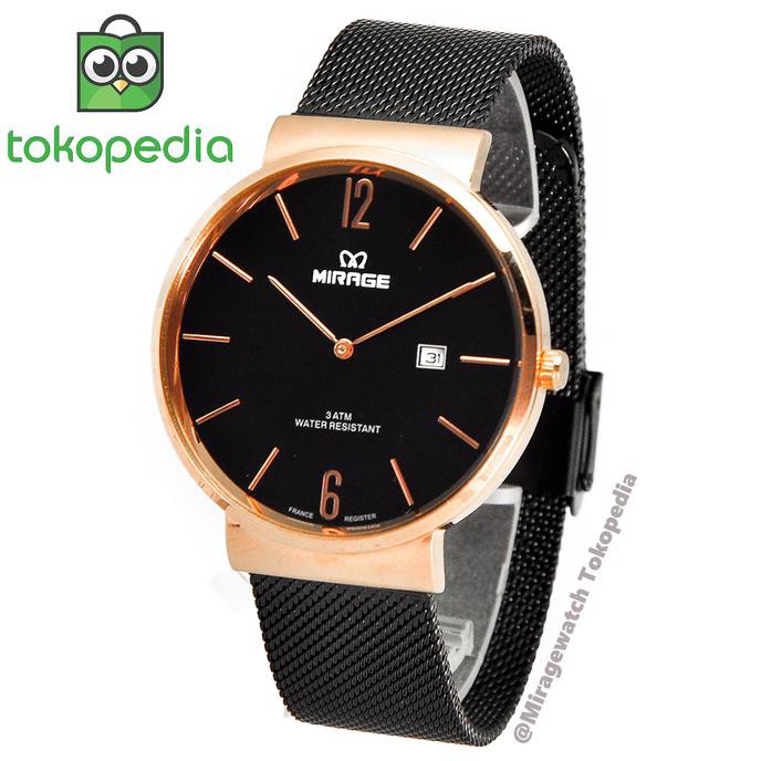 Pengiriman Cepat JAM TANGAN WANITA MIRAGE HITAM ROSEGOLD TALI PASIR 8624M pH PROMO