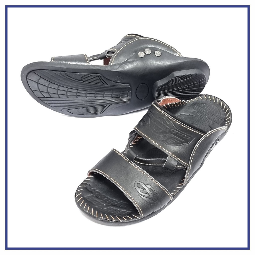 Sandal Pria Kulit Harley Davidson Ban 2 Tali Hitam - JJ 04