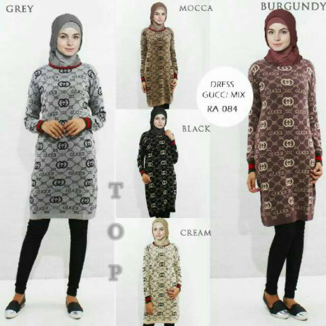 TUNIK/DRESS MOTIF GUCCI BAHAN RAJUT IMPORT Fit to XL