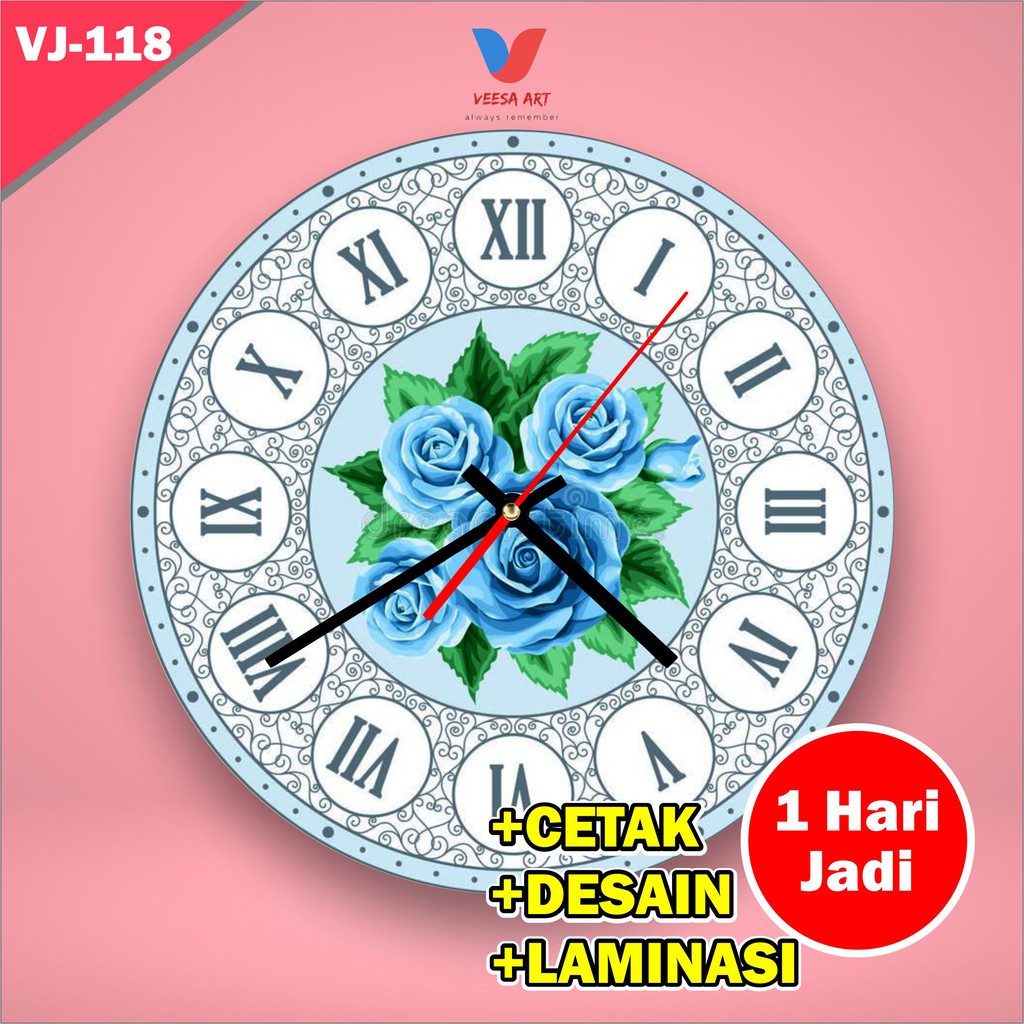 Jam dinding Tinggal Tempel Tembok Ukuran Diameter 30cm Motif bunga Warna Biru Klassic Classic Vintage Minimalis Ruangan Kantor burung vintage fintage klasik lucu spesial kaca Dekorasi Decor Rumah Analog Aesthetic Estetik Cantik yg Bagus Angka Romawi Keren