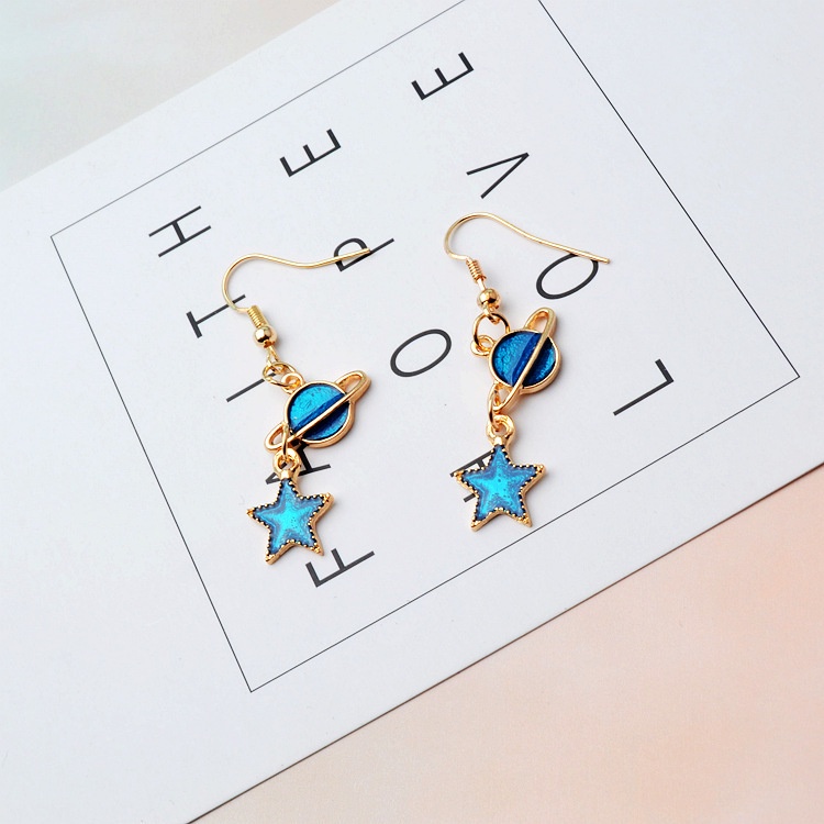 Cosmic Langit Berbintang Planet Biru XINGX anting-anting panjang gaya Korea Saturn series anting-ant