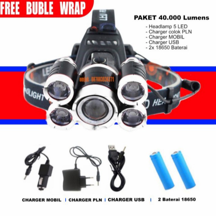 Paket Senter Kepala 5 mata 40000lumens/ Headlamp Cree XM-L 1T6 + 4XPE (COD)