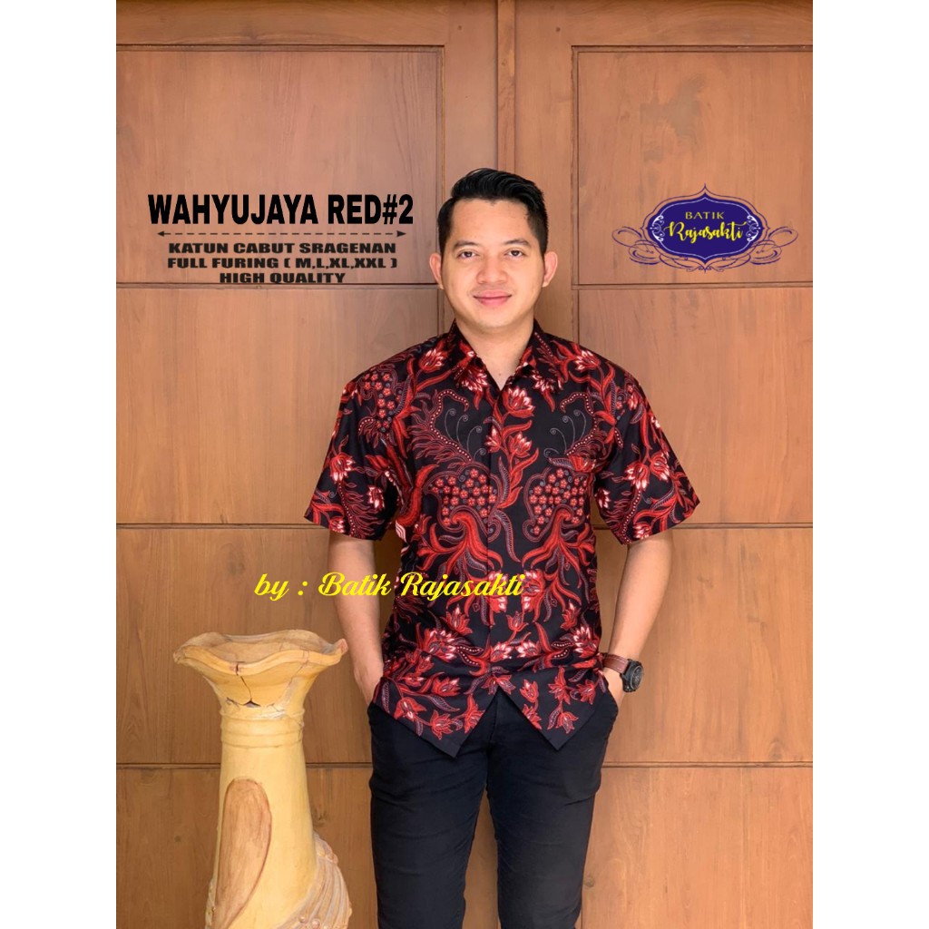 WAHYUJAYA RED 2 Atasan Baju Kemeja Batik Pria Lengan Pendek PREMIUM LAPIS FURING Rajasakti SOLO