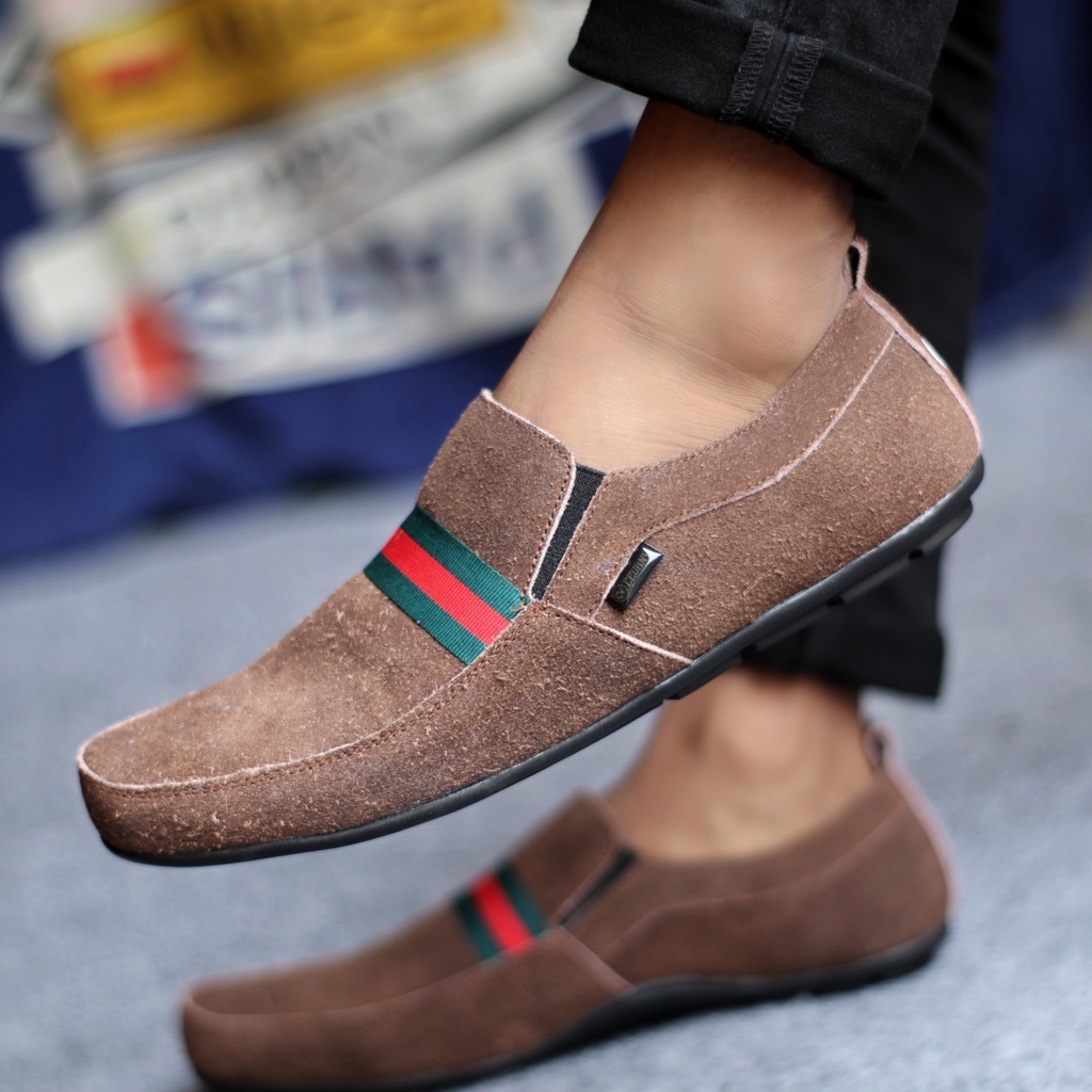 NOMY Sepatu Casual Slip On Pria Kulit Asli Slop Cowok Santai Trendy Kekinian