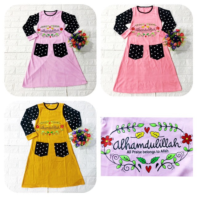 GAMIS ANAK PEREMPUAN PRINT ALHAMDULILAH DAN KANTONG ONDE / GAMIS BUBU UNTUK UMUR 4 SAMPAI 11 TH