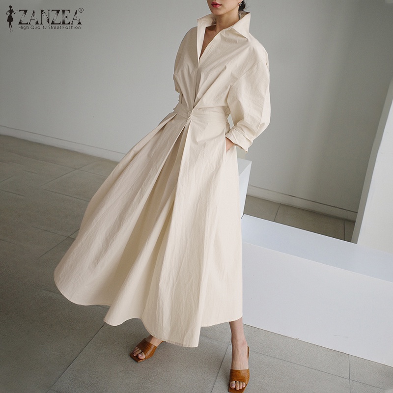 ZANZEA Women Long Sleeve Turn-Down-Collar Solid Color High Waist Casual Maxi Dress