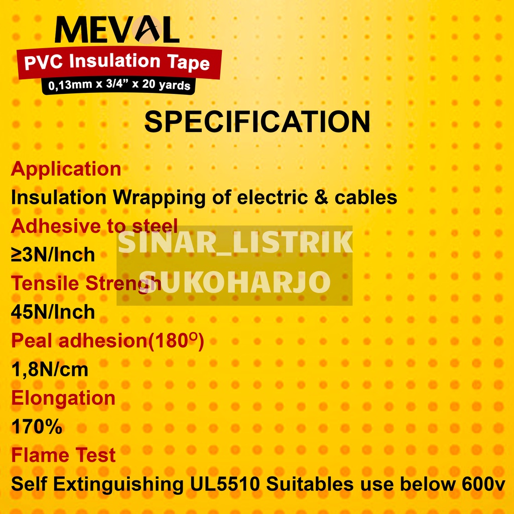 MEVAL ISOLASI LISTRIK PVC HITAM ELECTRICAL TAPE 3/4&quot; X 20 YARD