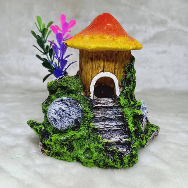 dekorasi aquarium rumah kayu, hiasan aquarium rumah kayu, rumah jamur kayu aquarium, dekorasi rumah 