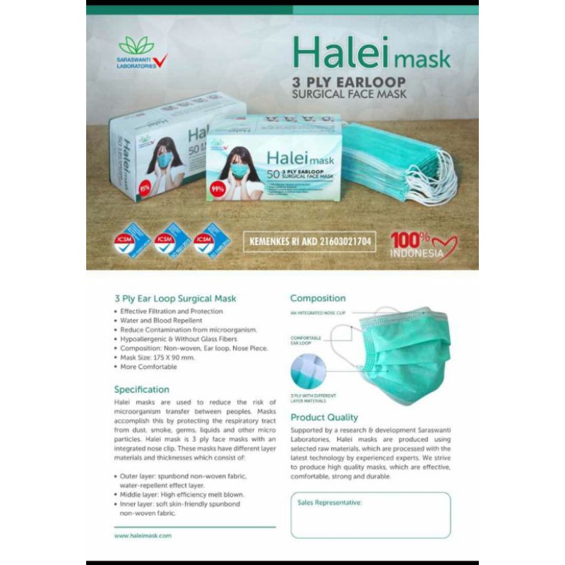 MASKER HALEI 3PLY (MASKER MEDIS EARLOOP) – Hijau (1 Karton = 40Box)