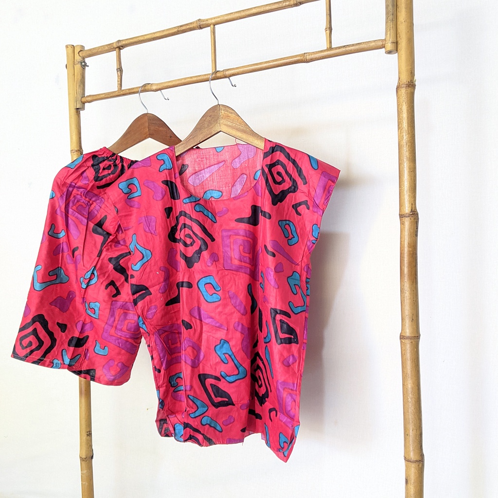 Baju Tidur Tanpa Lengan Piyama Krill Setelan Midi Homewear Homey Dress Baby Doll Dewasa Nyaman Di Rumah Santai WFH Rayon One Set Pajamas-abstrak pink