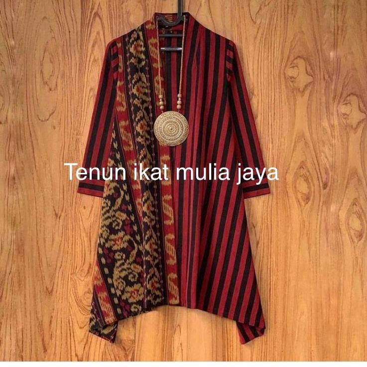 Model Baru.. long outer cardigan batik tenun mix lurik maroon