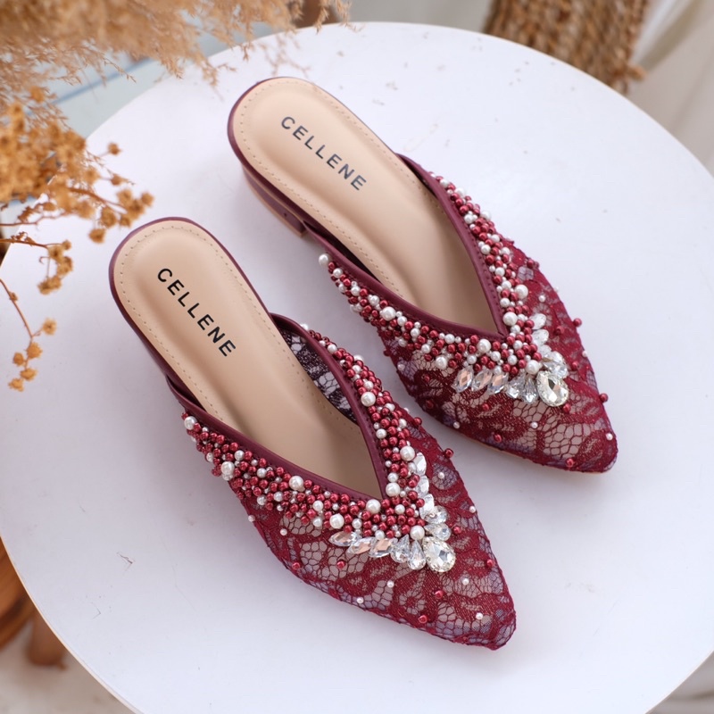 𝗖𝗘𝗟𝗟𝗘𝗡𝗘 Arae Beads Heels 7 warna / wedding shoes 3cm payet selop brukat