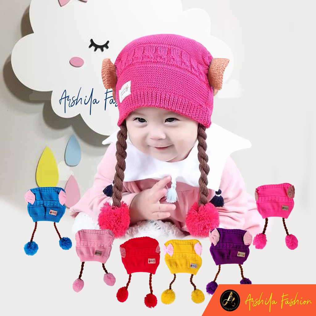 Topi  Bayi Kupluk Rambut Kepang Motif Pita / Baby Hat Wig / Topi Bayi Rambut