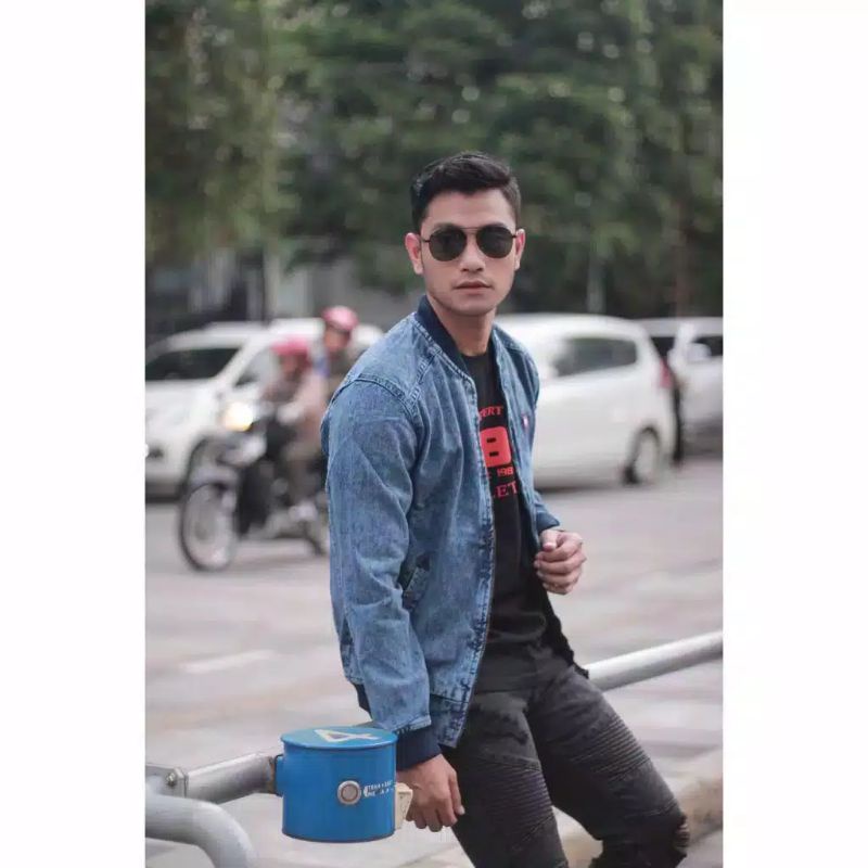 TURUN HARGA ! JAKET BOMBER JEANS SLETING PRIA COWOK SENWASH SANDWASH BOMBER DENIM ROCAFELA