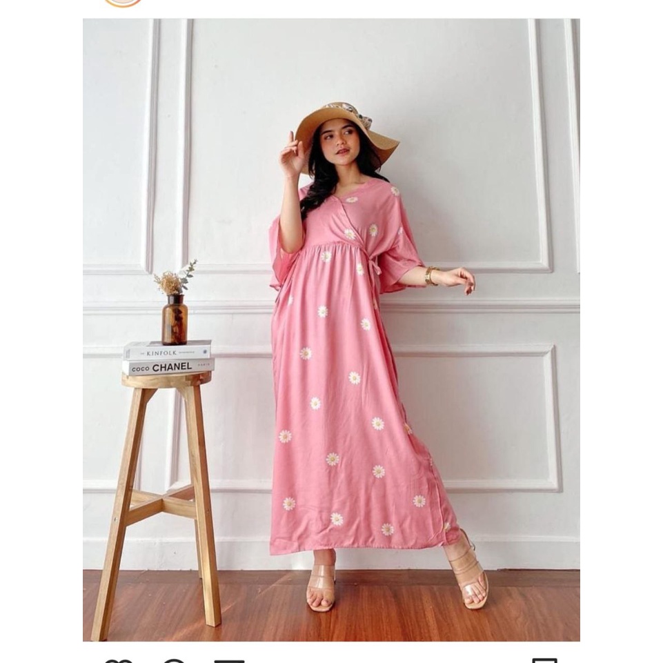 Daster Kimono Busui Tali Samping Panjang Semata Kaki / Daster Kekinian-bunga pink LD 120