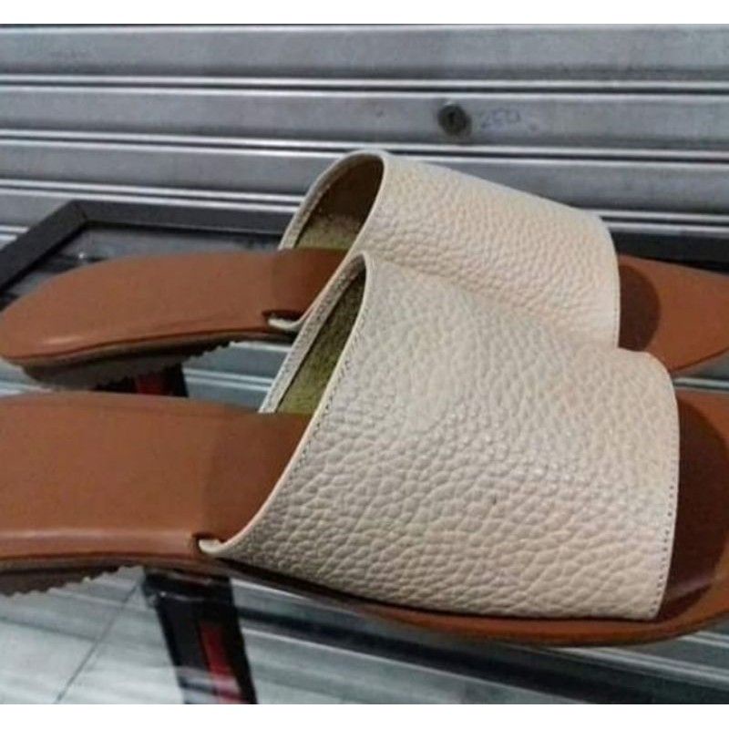 Sandal Slop Teplek Wanita Sendal Kokop Wanita Slop Cewek Kekinian Sandal Kulit Papirut Asli Garut-Cream