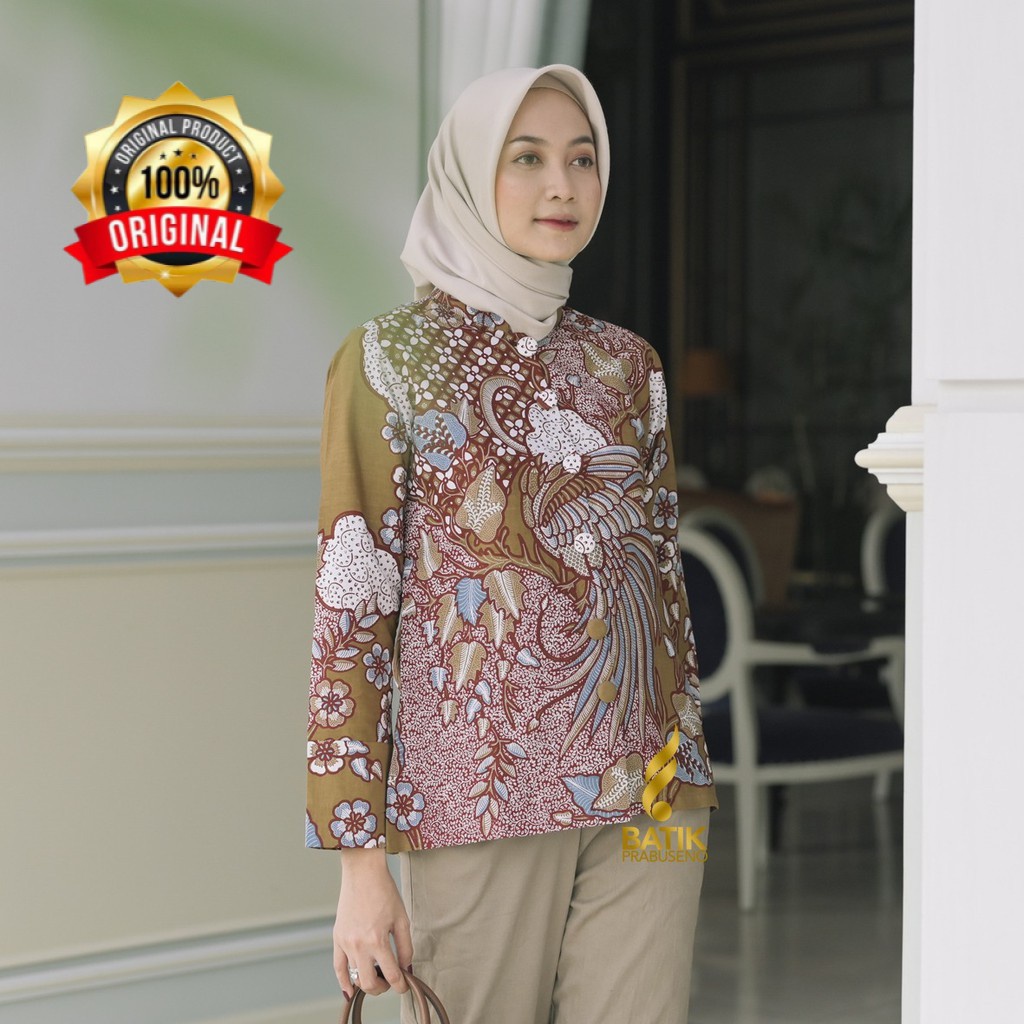 Batik Prabuseno Motif MERAK COKLAT Blouse Atasan Batik Wanita Lengan Panjang Modern Original Prabuse