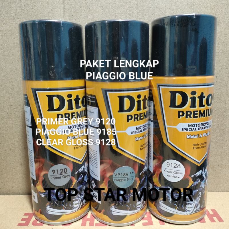 Pilok Paket Lengkap Cat Diton Premium Primer Grey 9120 Piaggio Blue V9185 9185 Clear Gloss 9128 400cc.. Pilok Paketan Piaggio Blue Cat Semprot Diton Premium 400cc