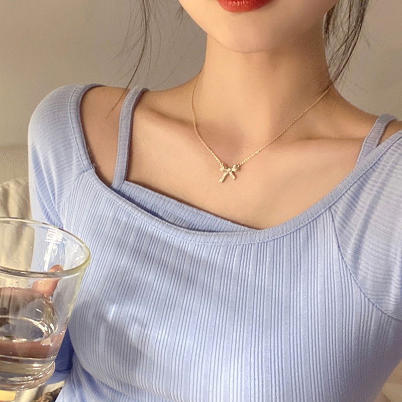 Magic789 Kalung Emas 14K Liontin Pita Hias Kristal Gaya Korea Untuk Wanita