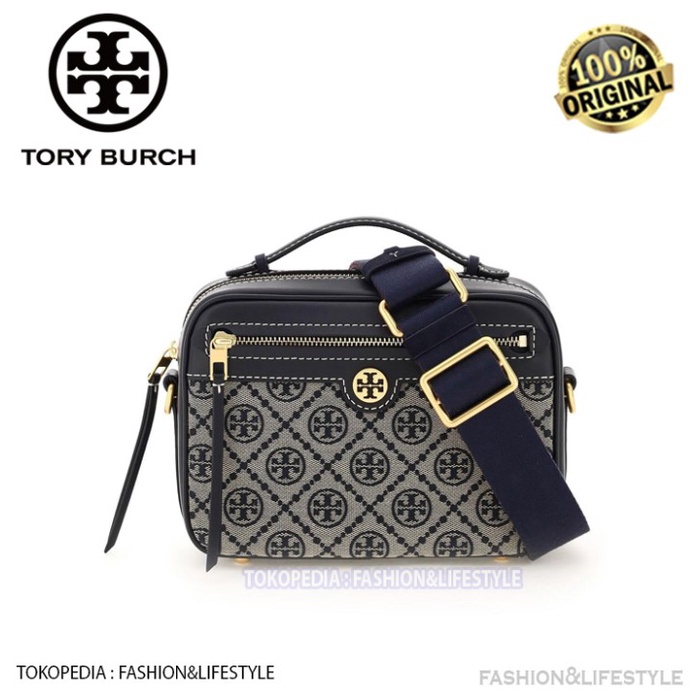 TAS TORY BURCH T Monogram Jacquard Camera Bag Navy ORIGINAL TB