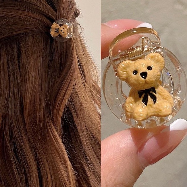 JEPIT RAMBUT KOREA TEDDY BEAR AKSESORIS JEDAI FASHION IMPORT / JEPIT RAMBUT ANAK DEWASA MINI KOREA LUCU / Retro 3D Double Little Bear Mini Acrylic Hair Claw Clips for Girls Kids Bobby Pin Small Hairpin 1 Pc / Jepit Rambut Bear