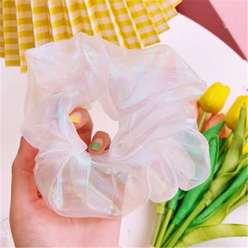 Ikat Rambut Scrunchie Cepol Bahan Satin Transparan Hologram Unicorn Gaya Korea