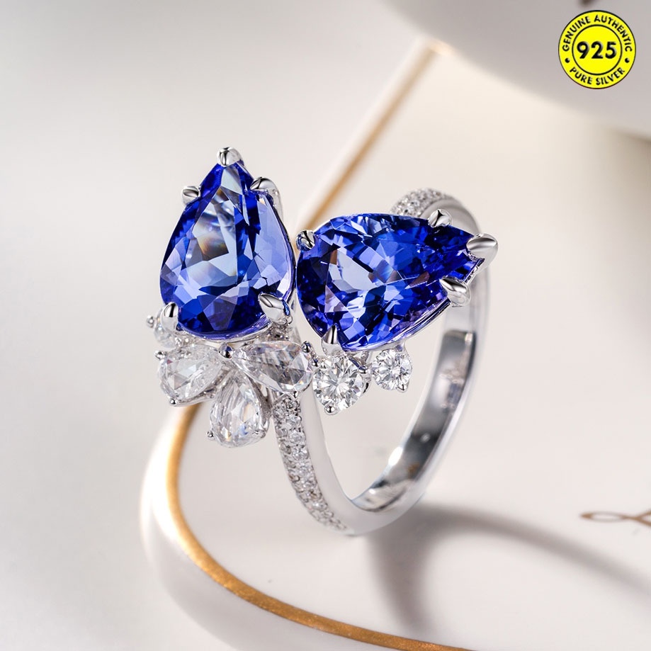 Cincin Berlian Sapphire Biru Ganda Bentuk Pir Model Terbuka Untuk Wanita