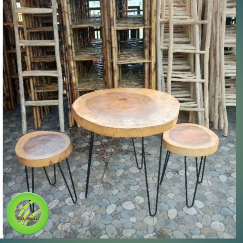 Jual Furniture Set Meja dan Kursi Bulat Ruang Tamu Bahan Kayu Munggur Besar Murah
