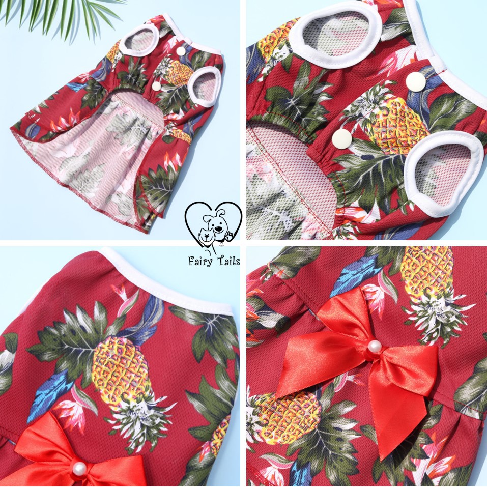 Baju Anjing Kucing Kostum Dress Hawaii dengan Pita | Pet Hawaiian Pineapple Dress