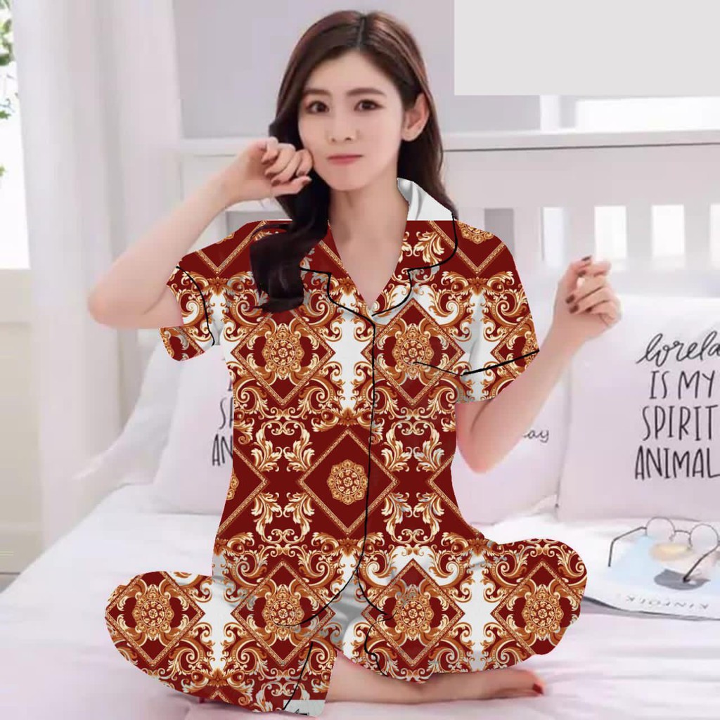 JNV Piyama CP Wanita Motif Batik Sultan - Baju Tidur Lengan Pendek - Bahan Katun-Corak Sultan Maroon