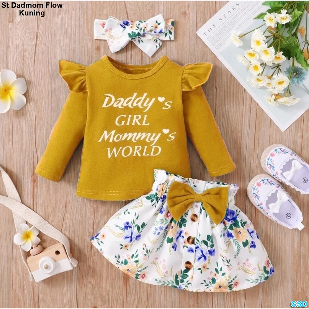 Dadmom Flow Kids /New Setelan Baju dan Rok Anak Ada Pita Tempel  Perempuan Motif Bunga Bahan Babyterry Usia 3 Tahun Sampai 5 Tahun FREE Bando