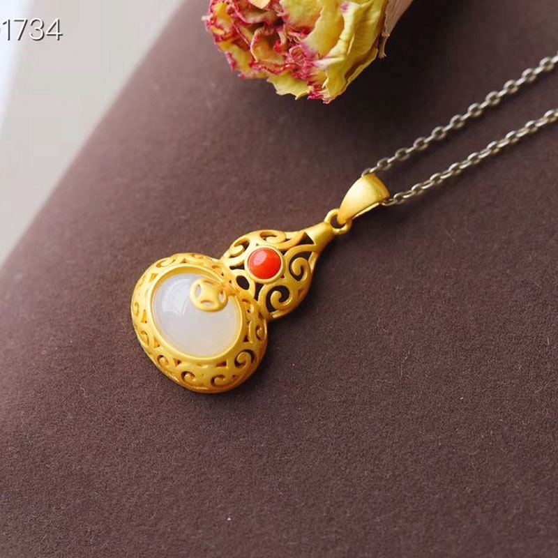 Baru Hias Emas Giok Putih Labu Kalung Liontin Chalcedony Fashion Gilt Kerajinan