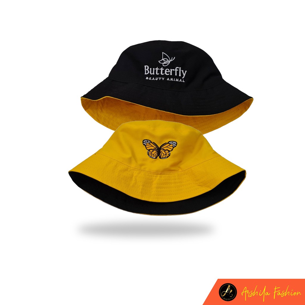 Topi bucket hat bordir Butterfly  / Bucket Perempuan Korea Bordir kupu kupu / Arshila_fashion