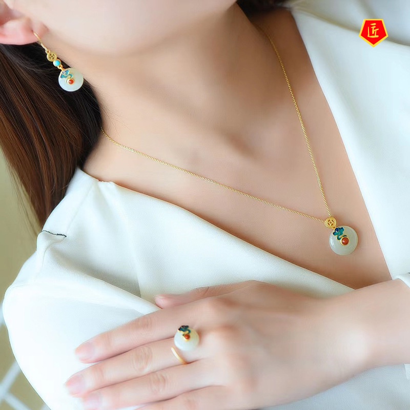 [Ready Stock]Vintage Inlaid Jade Safety Knot Earrings Pendant Ring Set