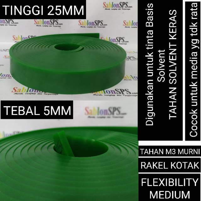 KARET RAKEL SABLON HIJAU PAPAK EROPA 5MMX25MM TAHAN SOLVENT PER CM