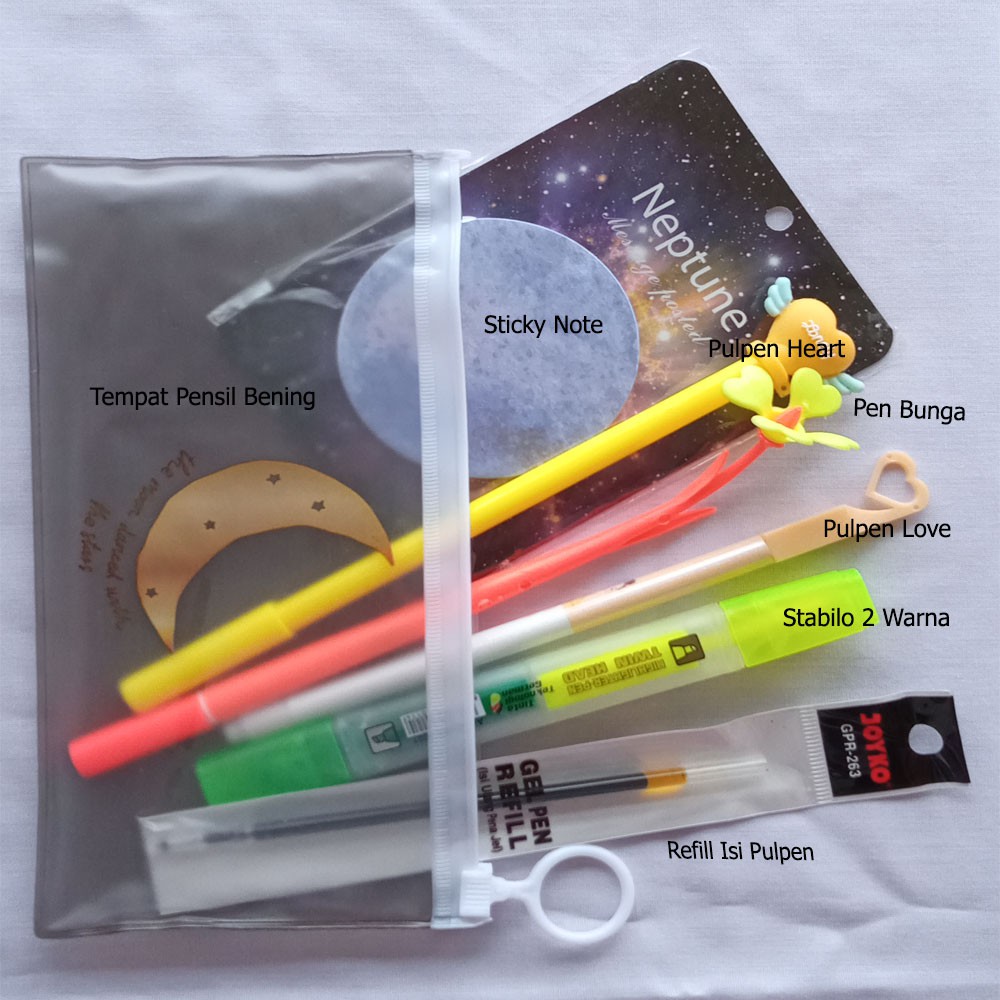 

PAKET ALAT TULIS LENGKAP SET PULPEN GEL KARAKTER TEMPAT PENSIL ZIP STABILO 2 WARNA STICKY NOTE BULAT