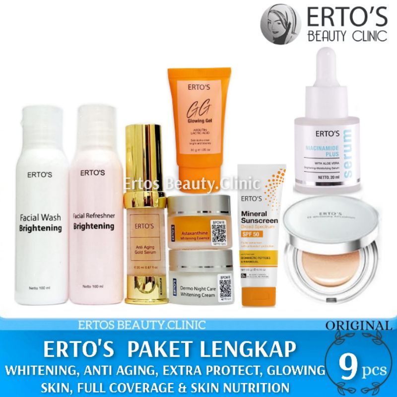 ERTOS PAKET ISI 9 PCS ( FACIAL WASH, REFRESHNER TONER, AGING SERUM, ASTAXANTHINE, DERMO NIGHT, NIACI