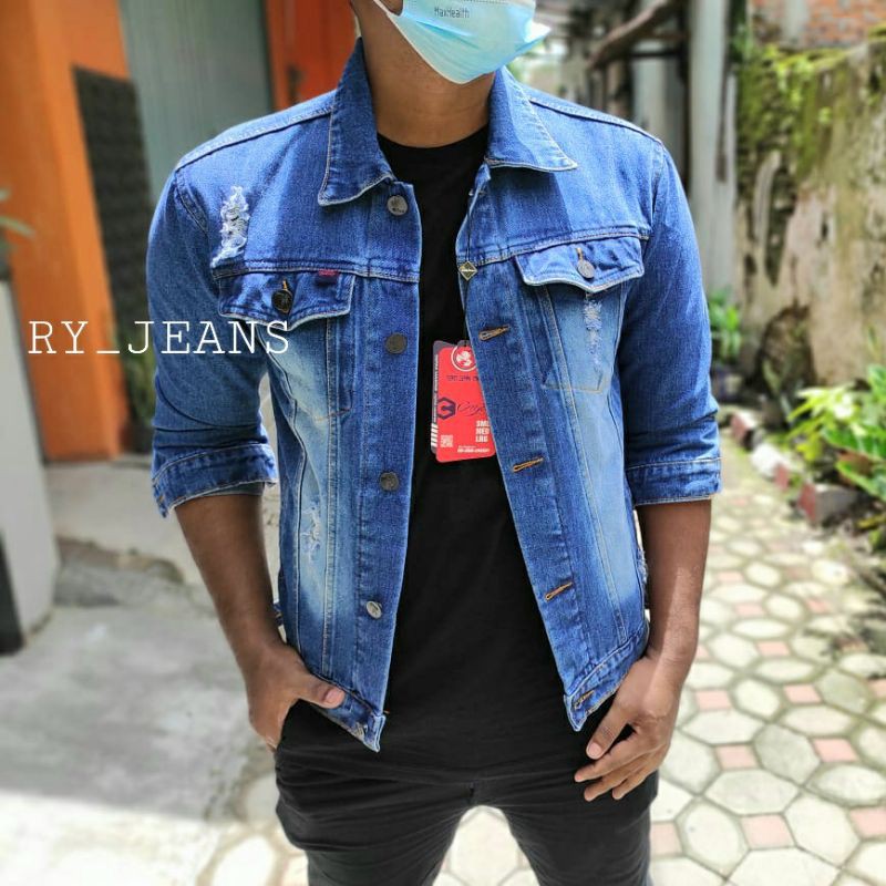 Jaket pria jaket jeans sobek pria jeans cmje darkblue