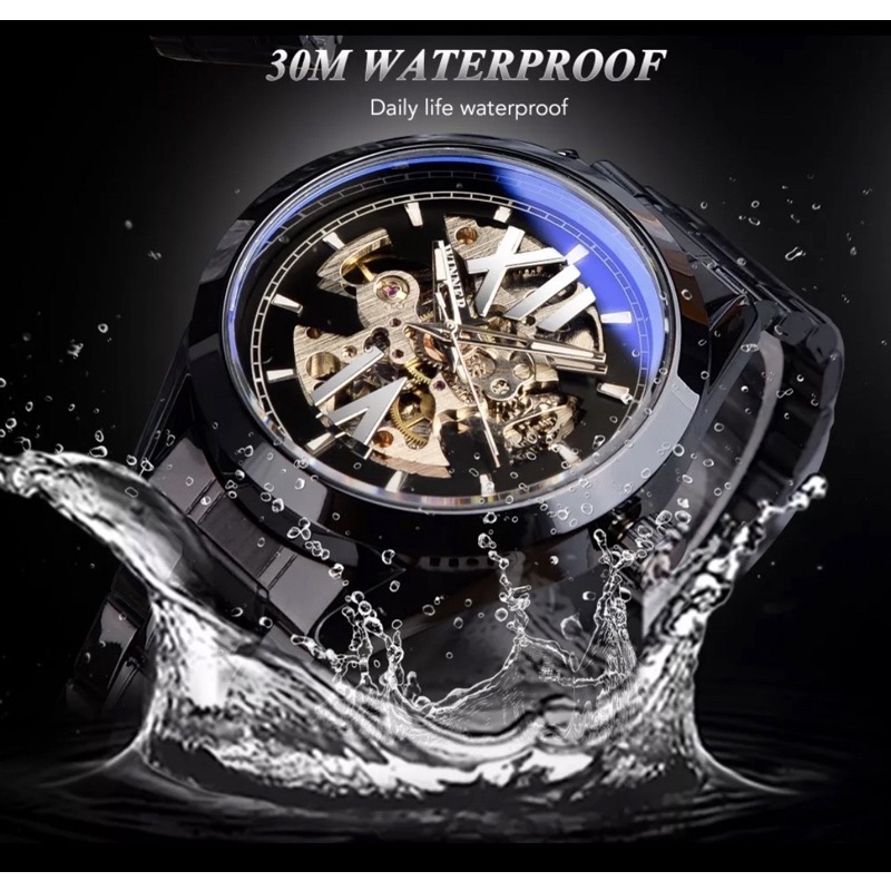 Jam Tangan Automatic Winner Sporty Bisnis Mewah All Black Stainless Steel