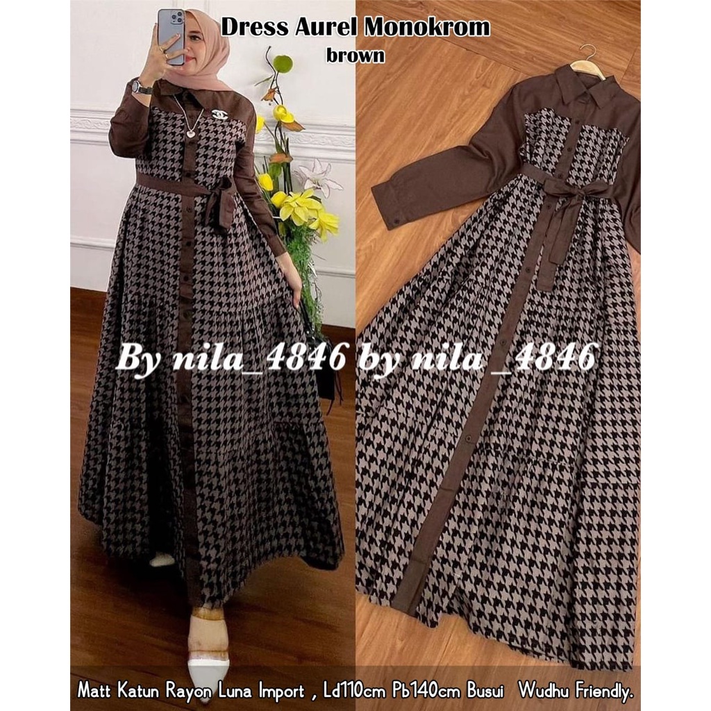 DRESS AUREL MONOKROM/BAJU WANITA MOTIF MONOKROM/GAMIS MUSLIM KEKINIAN