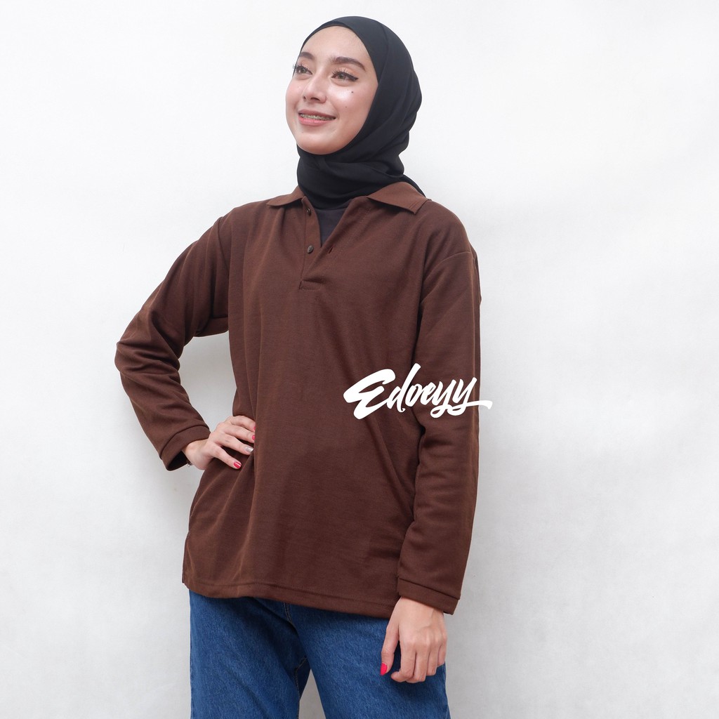 Kaos Polo Shirt Wanita Lengan Panjang COKLAT - Baju Kerah Berkerah Cewek Lengan Panjang
