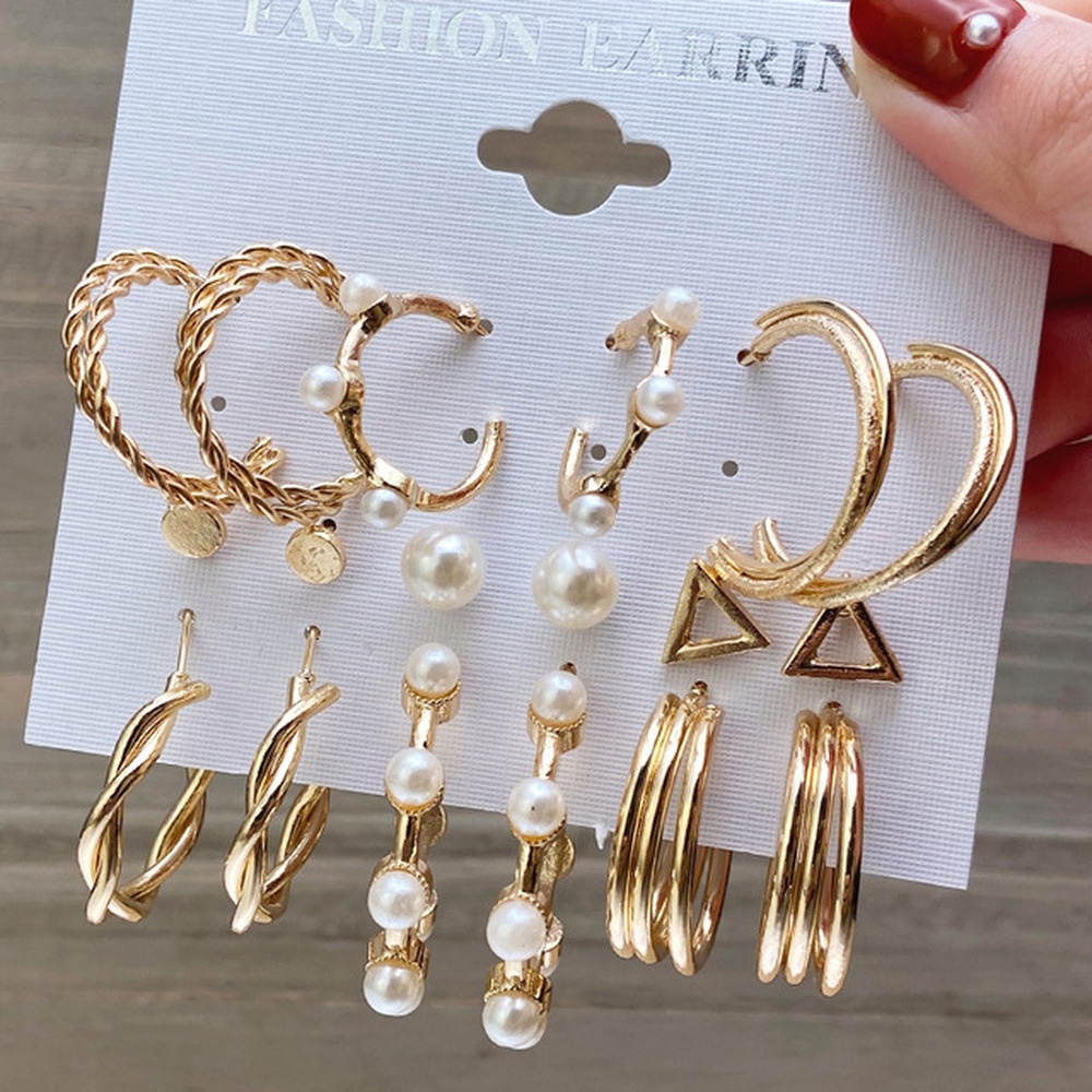 Set Anting Tusuk Retro Kreatif Warna Emas Hias Mutiara Untuk Wanita