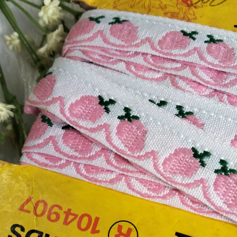 Pita Renda Bordir Motif Buah Putih Pink Merah Biru Pastel Hiasan Jahit Hijab