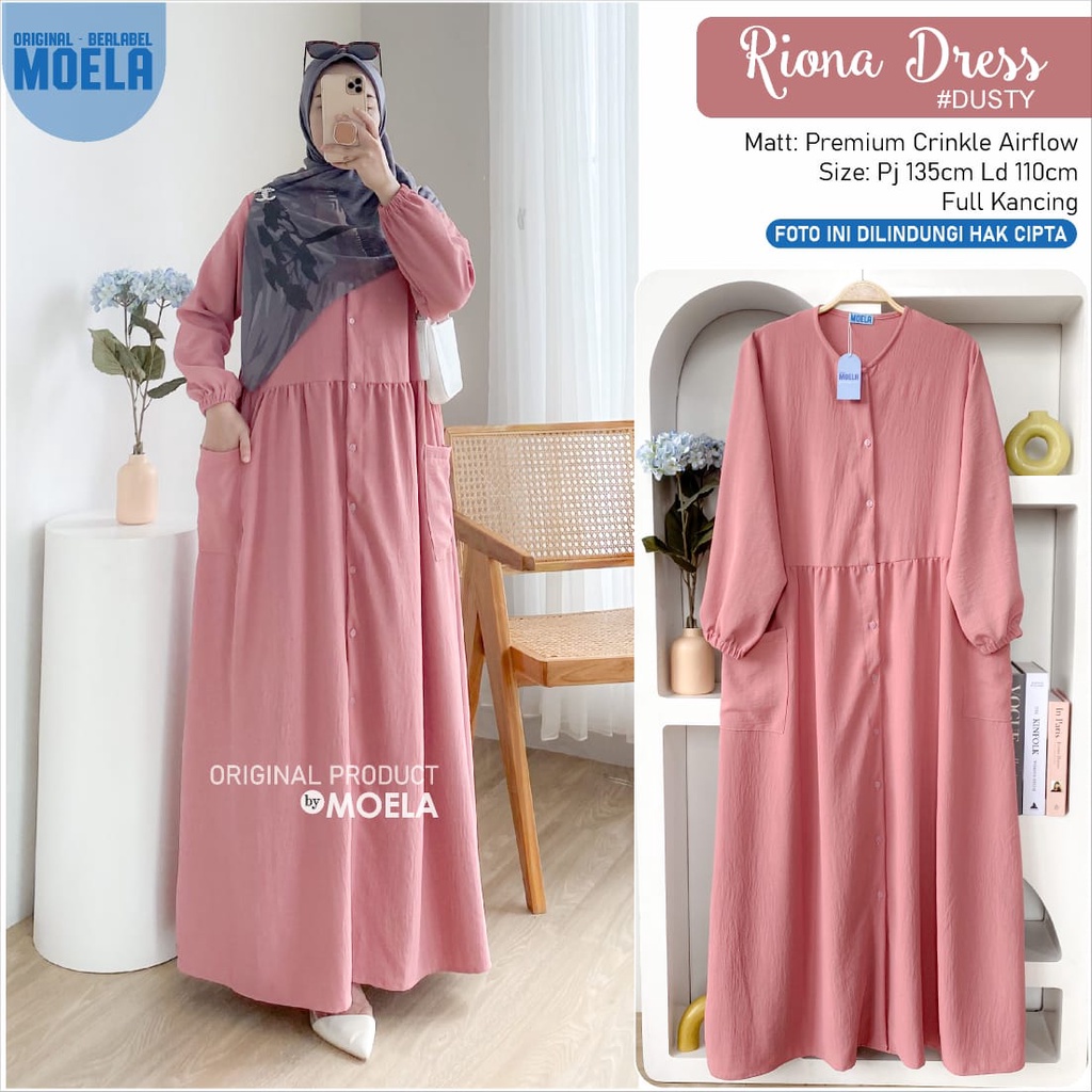 LD 110 RIONA DRESS ORI MOELA GAMIS BAHAN PREMIUM CRINKLE AIRFLOW PJ 135 FULL KANCING SAKU DEPAN GAMI