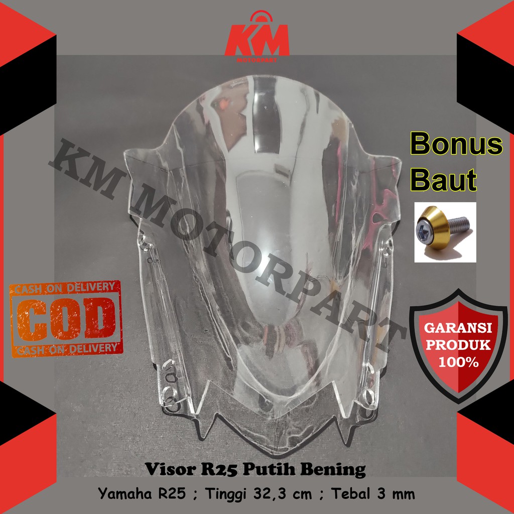 Visor Windshield Yamaha R25 Jenong Tebal 3 mm Tinggi 32,3 cm Hitam dan Bening